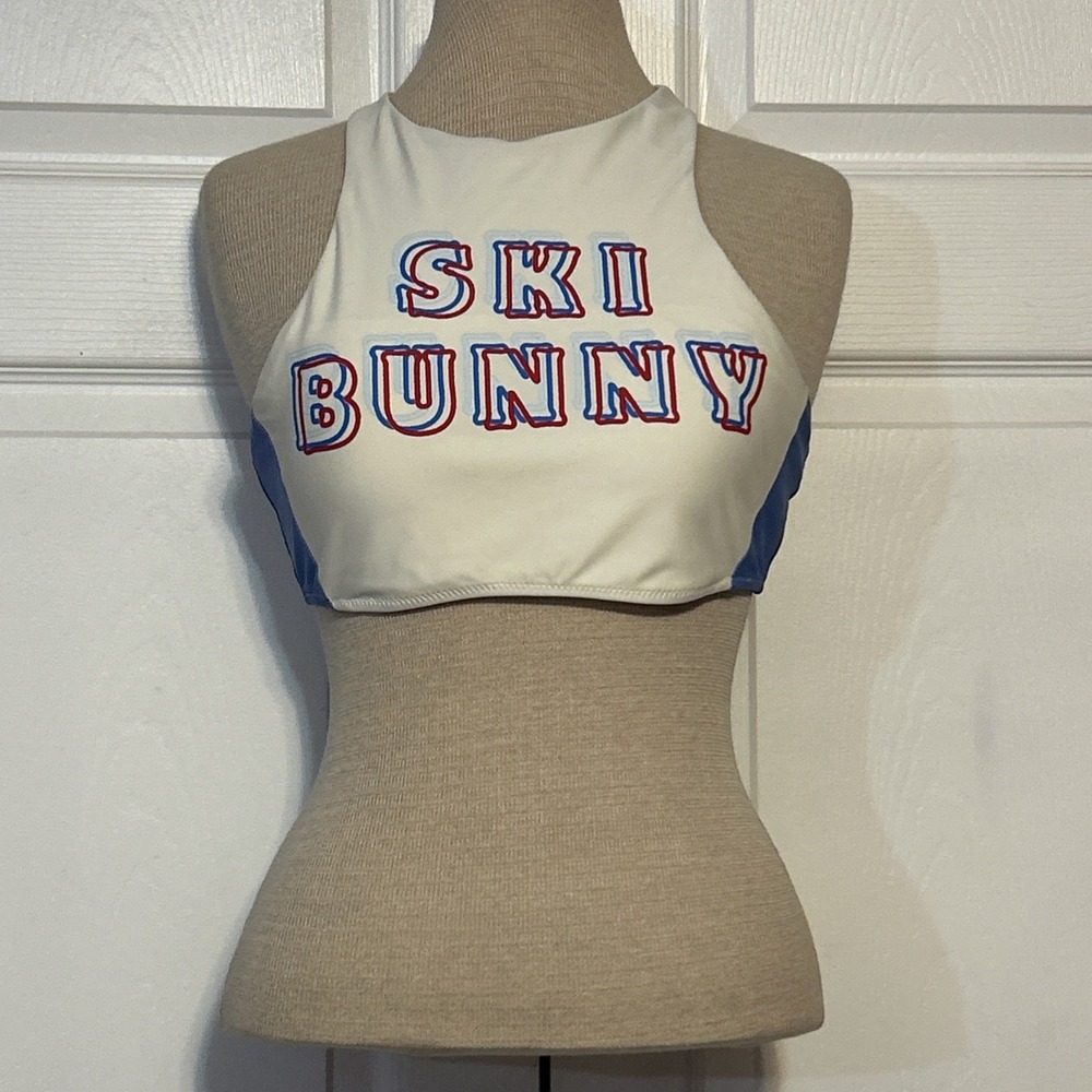 Aerie Ski Bunny Racerback Sports Bra Size Large Blue White‎ Workout Athleisure